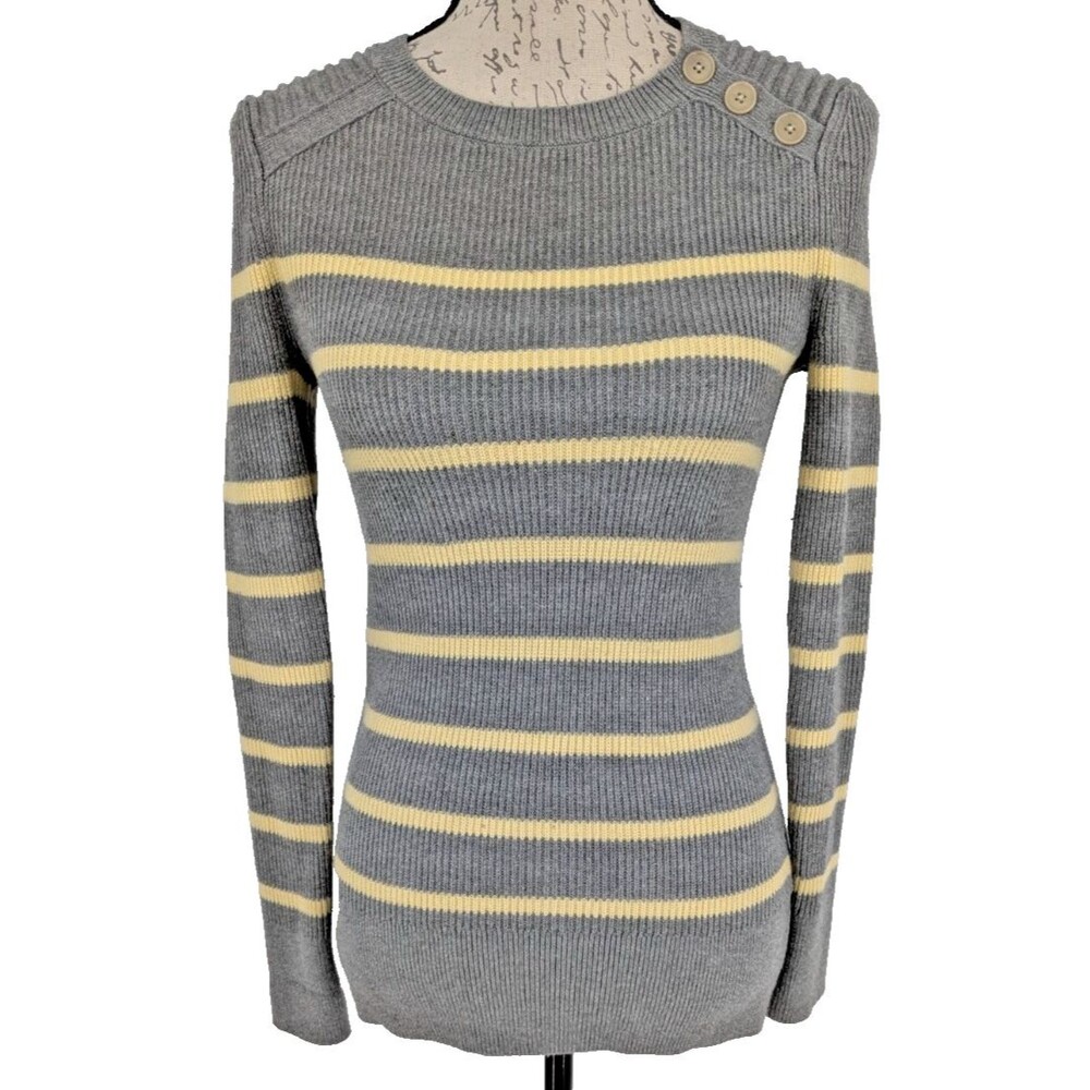 BANANA REPUBLIC Womens Sweater SIZE XS-Gray Yellow Stripe-Viscose Nylon Merino